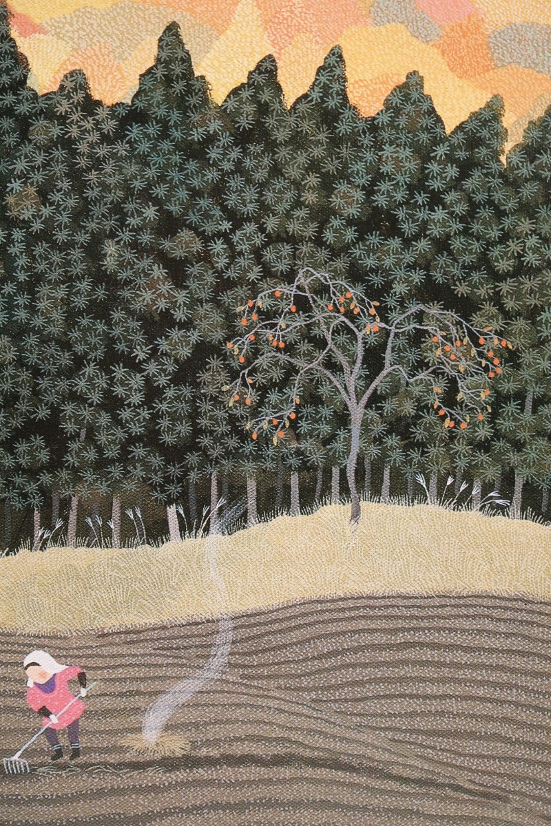 原田泰治 オフセット「こんにゃく畑」画 25×31cm 群馬県、七ケ宿町 紅葉に彩られた山ぎわの畑でこんにゃく玉の収穫 原画は1994年作品 7481の画像5