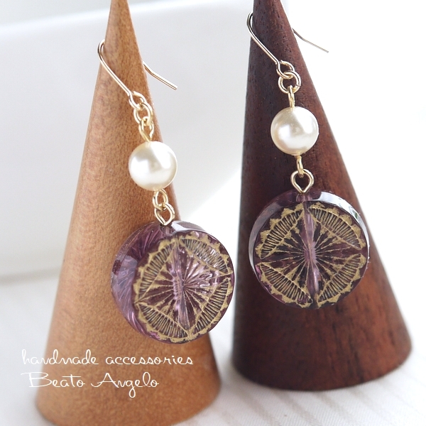 *+angelo+ Germany beads coin . Swarovski pearl. earrings (p-008) light amethyst G purple 