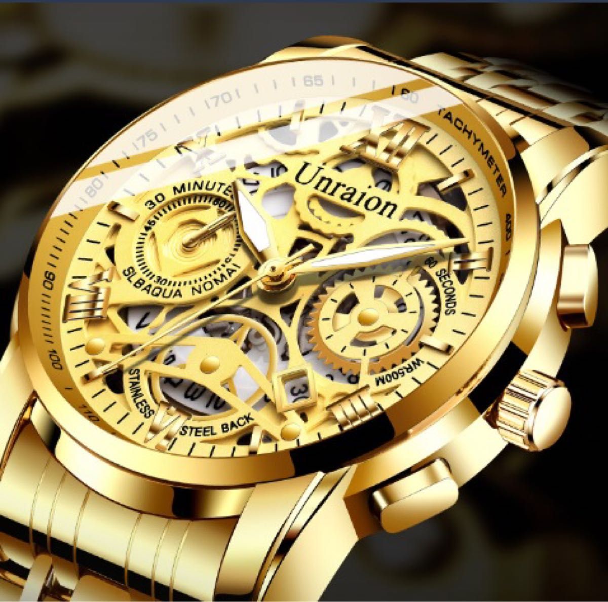 ラグジュアリーメンズ腕時計クォーツ電池式ゴールド　デイト　高品質　金