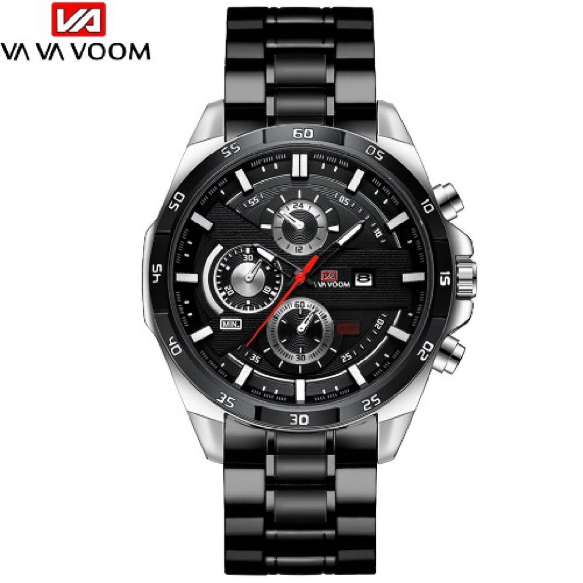黒銀　メンズ腕時計ステンレス　ラグジュアリーデイト　ブラック　重量感