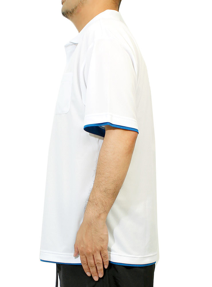 【新品】 4L ホワイト×ブルー ポロシャツ メンズ 大きいサイズ 吸汗速乾 ドライ メッシュ UVカット 無地 ポケット付き レイヤード シャツ_画像4
