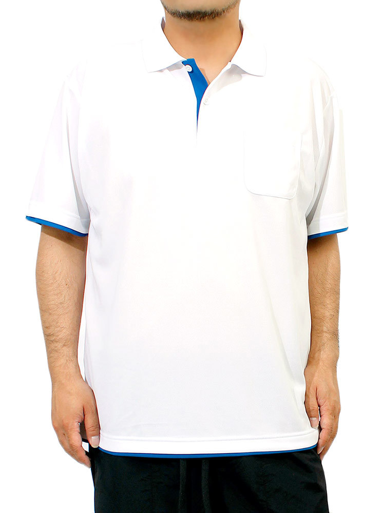 【新品】 4L ホワイト×ブルー ポロシャツ メンズ 大きいサイズ 吸汗速乾 ドライ メッシュ UVカット 無地 ポケット付き レイヤード シャツ_画像1