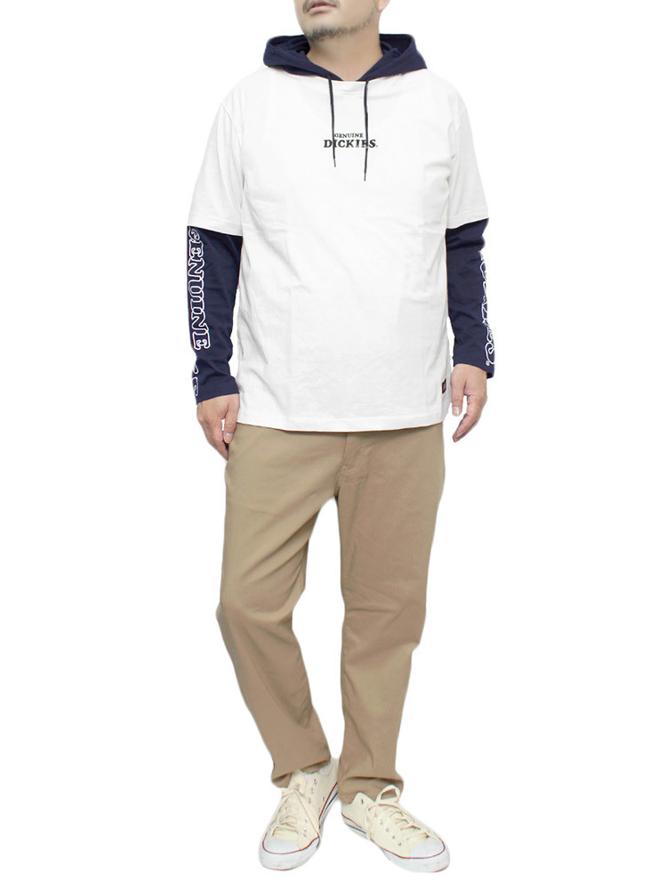 【新品】 4L ホワイト [GENUINE Dickies] パーカー Tシャツ メンズ 大きいサイズ フェイクレイヤード ロゴ プリント カットソー_画像2