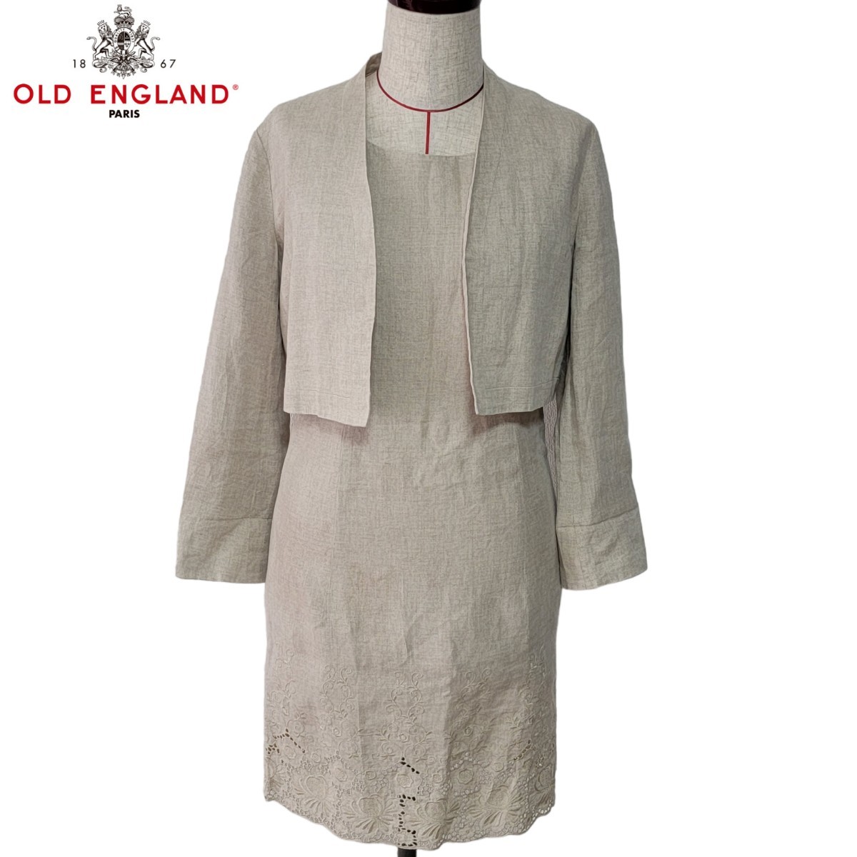 【美品】◆超希少◆ 日本製 オールドイングランド OLD ENGLAND 麻100% セットアップ 36 ノーカラージャケット 刺繍レース 花柄 ワンピース_画像1