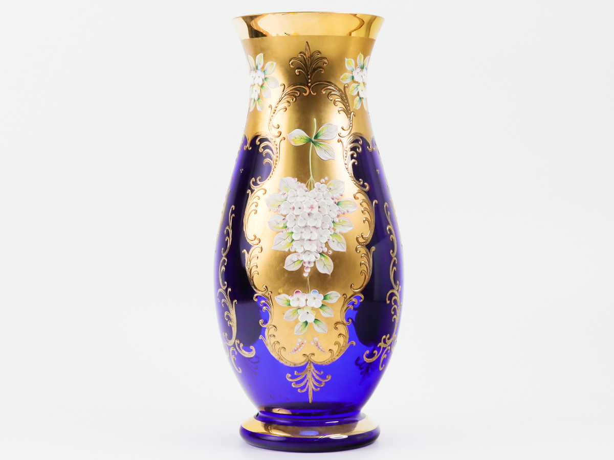ベネチアンガラス 24KT エナメル彩コバルト 大花瓶 35cm フラワーベース 飾り壷