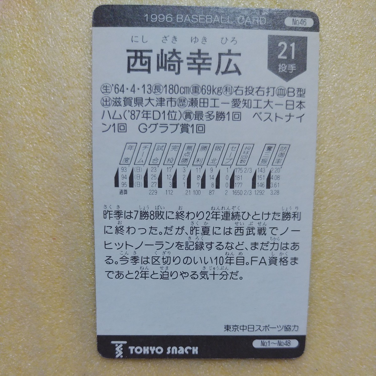 東京スナック １９９６カルビー野球カード№４６西崎幸広（日本ハム）の画像2