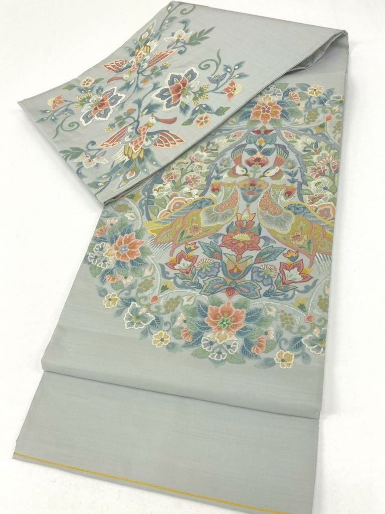 極細密刺繍 相良刺繍 蘇州刺繍 袋帯 鳳凰 鳥 葡萄唐草文様 花文様 金糸