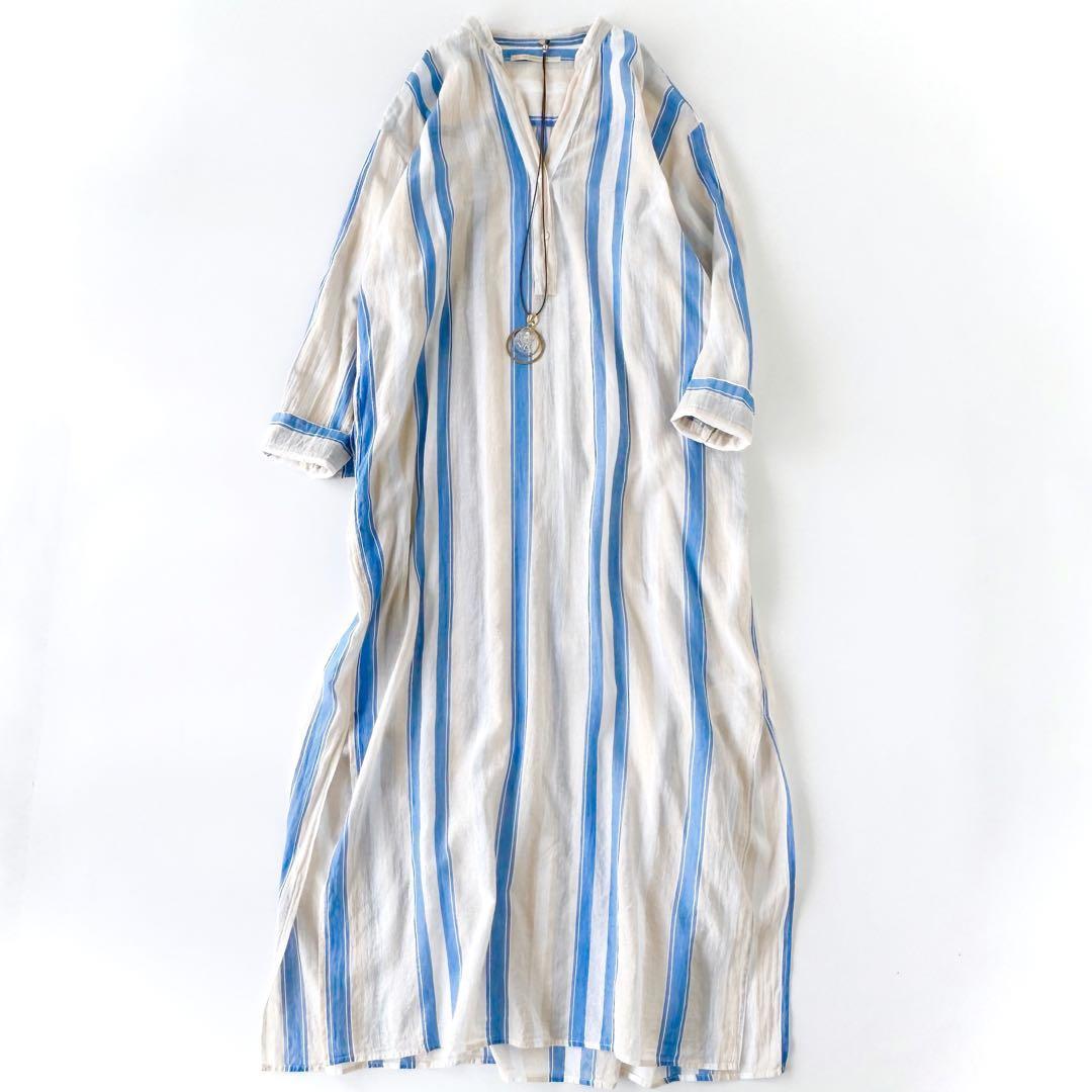 ヌキテパ コットンボイル 綿 ストライプ シャツワンピース Voile