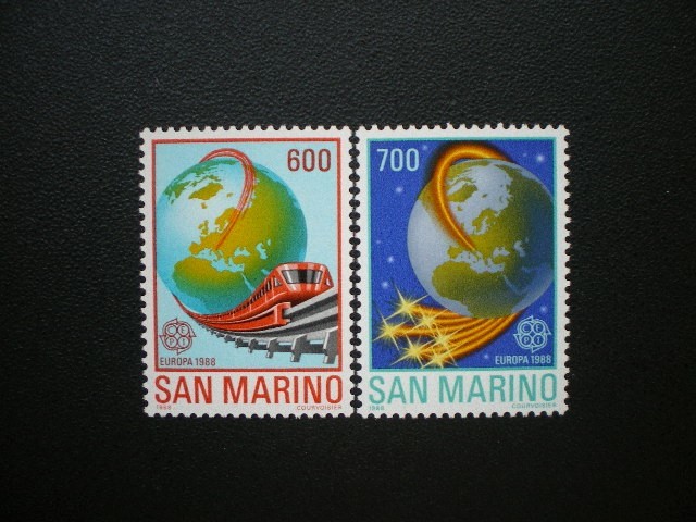 サンマリノ発行 鉄道と地球など輸送と通信・ヨーロッパ切手 ２種完 ＮＨ 未使用_画像3