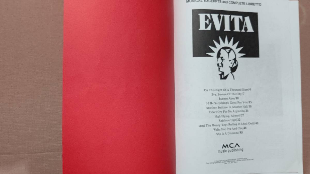 輸入洋書 楽譜 ミュージカル EVITA エビータ MUSICAL EXCERPTS and COMPLETE LIBRETTO アンドリュー・ロイド・ウェバー 1979 MCA レア