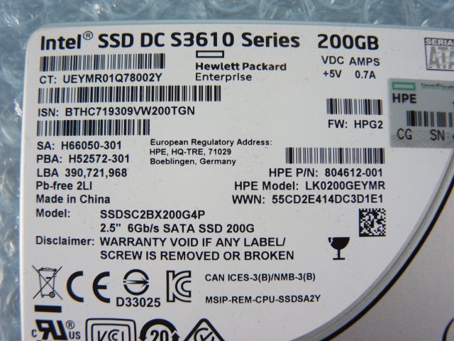 1NTW // HP LK0200GEYMR 200GB 2.5インチ SSD 6Gb SATA / SSDSC2BX200G4P Intel SSD DC S3610 / 44584時間 // HP ProLiant DL360 Gen9 取外_画像2