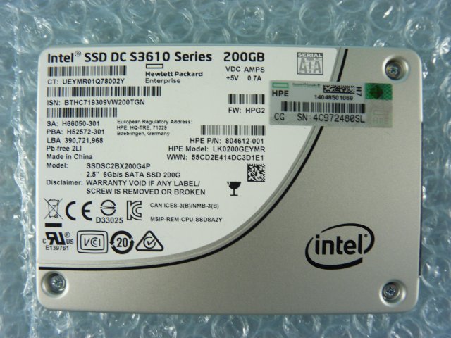 1NTW // HP LK0200GEYMR 200GB 2.5インチ SSD 6Gb SATA / SSDSC2BX200G4P Intel SSD DC S3610 / 44584時間 // HP ProLiant DL360 Gen9 取外_画像8
