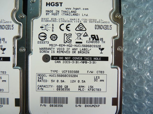 1NVZ // 4個セット HGST HUC156060CSS204 600GB 2.5インチ SAS HDD 12Gb 15K(15000)rpm 15mm // HITACHI HA8000/RS210 AN1 取外_画像2