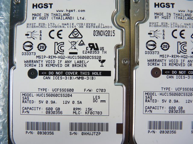 1NVZ // 4個セット HGST HUC156060CSS204 600GB 2.5インチ SAS HDD 12Gb 15K(15000)rpm 15mm // HITACHI HA8000/RS210 AN1 取外_画像3