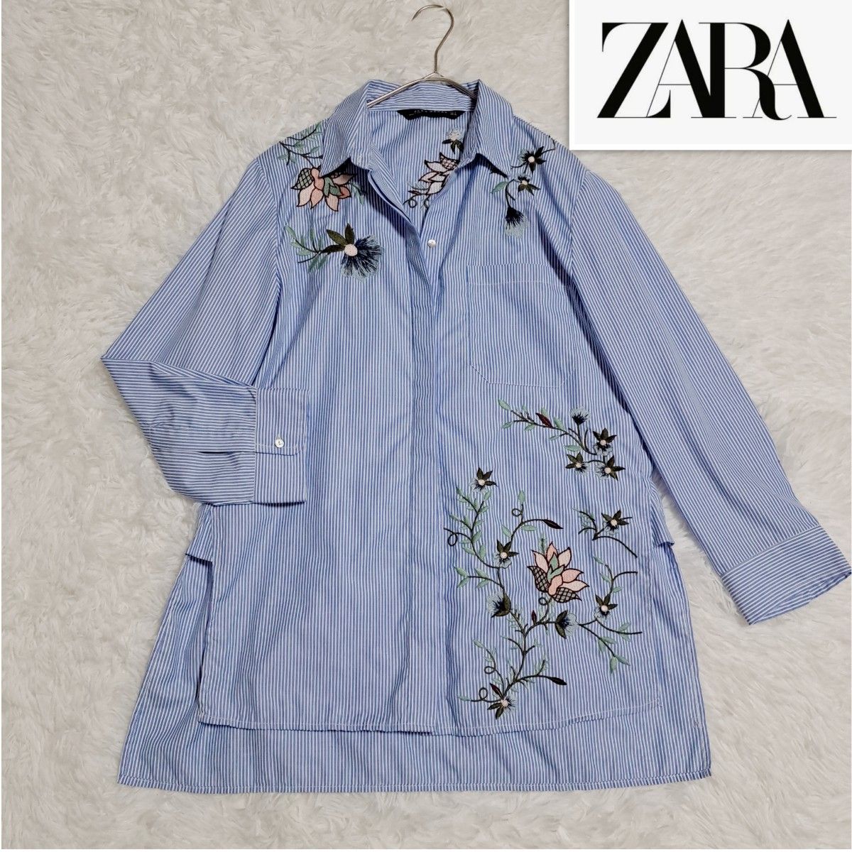 ZARA ザラ 花柄 刺繍 ストライプ シャツ ブラウス M