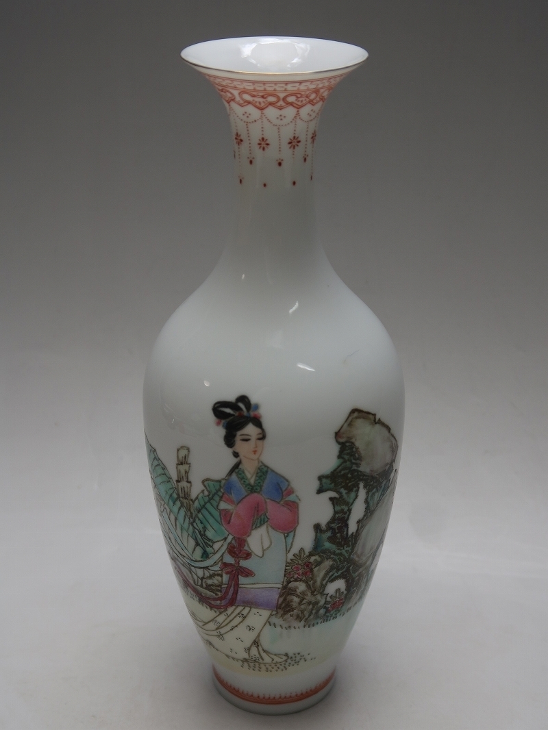 中国古玩 粉彩 桃漢詩文 景徳鎮製 花瓶 高約28.5cm f031107の+