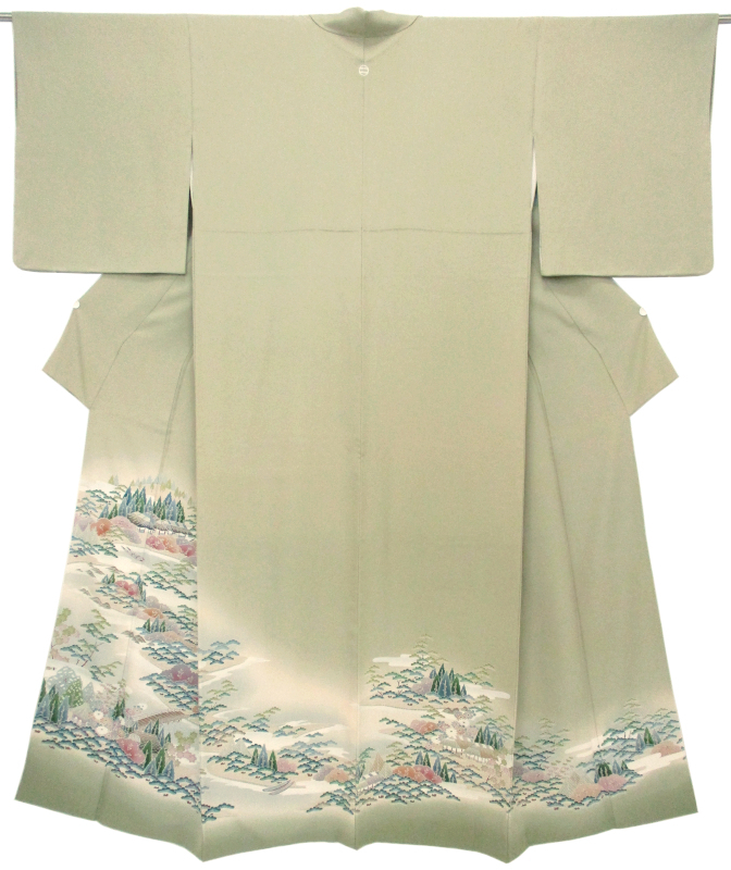 お気に入りの 色留袖 丈155.5cm 比翼なし 松・菊・楓・橋等の庭園模様