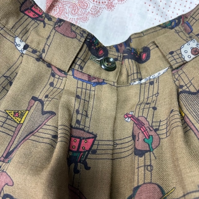レトロ古着 80s~90s Castelbajac 楽器柄サマースラックスパンツ 9 オリーブ カステルバジャック オールド 裾ダブル サマーウール ●327