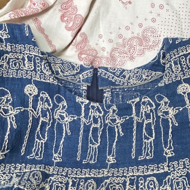 レトロ古着 80s～90s ステッチ刺繍 リネンコットン藍染め ロングワンピース　M程度 オールド ヴィンテージ 麻 半袖 春夏 インディゴ★196