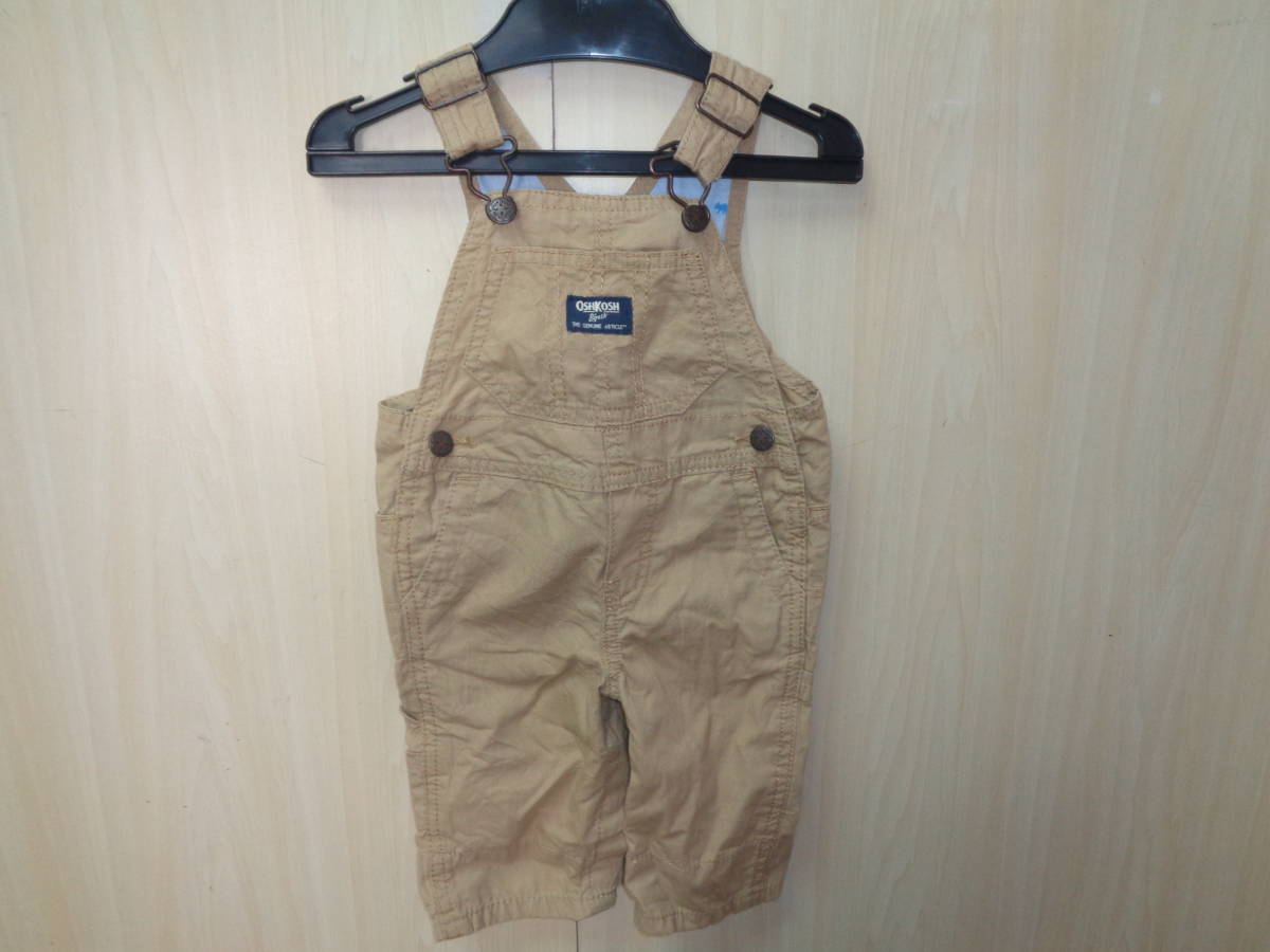 513◆OSHKOSH B'gosh キッズ オーバーオール◆オシュコシュ ビゴッシュ size6M ベージュ色 コットン100％ 裾裏恐竜柄 ゆうパケット発送5E _画像1