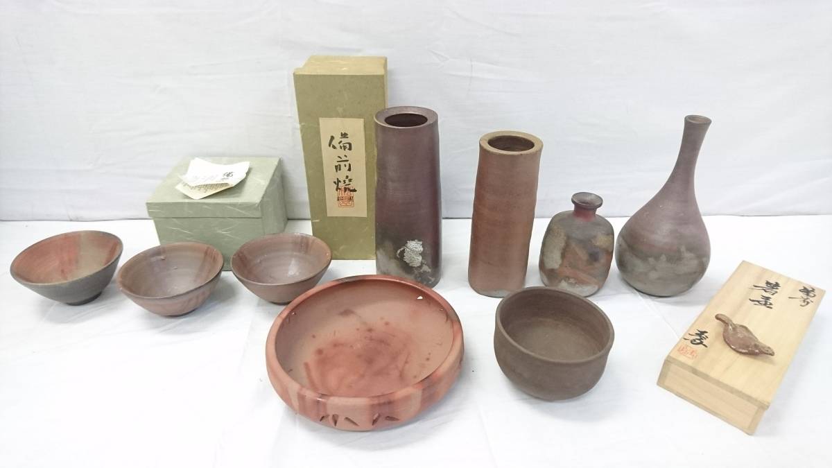 初だし】備前焼 柴岡守 作 茶碗ほか 茶器 花器 おまとめセット/在銘/陶