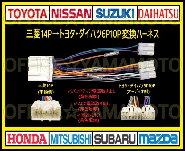 三菱14P→トヨタ・ダイハツ 6P10P オーディオ ナビ 変換ハーネス 互換性 コネクタ カプラ 電源取出し 車速パルス(センサー) 接続可能 a_画像1