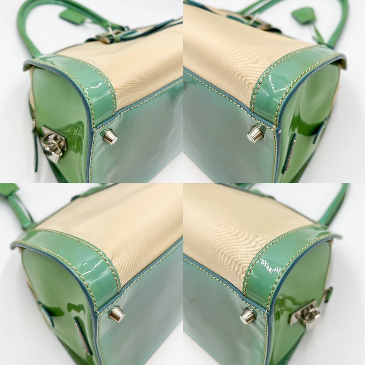 プラダ PRADA パテントレザー ナイロン エメラルドグリーン ベージュ