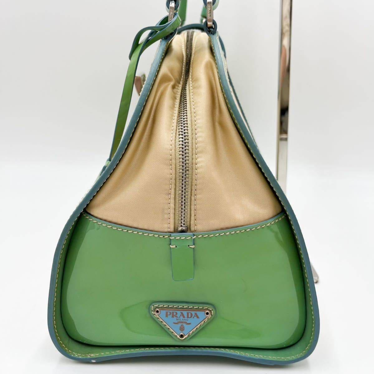 プラダ PRADA パテントレザー ナイロン エメラルドグリーン ベージュ