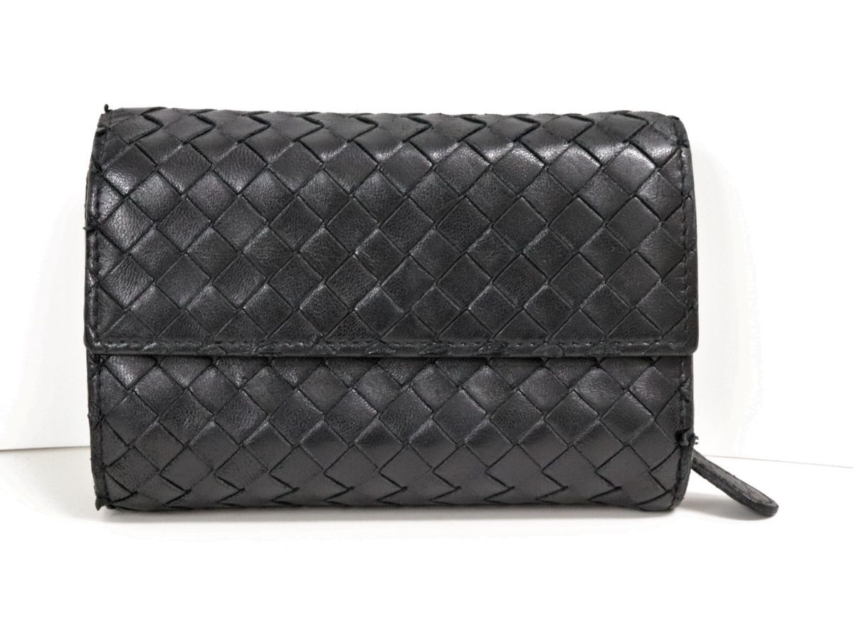 BOTTEGA VENETA ボッテガヴェネタ イントレチャート 三つ折り 財布 ウォレット 113997 黒 ブラック 箱付 ◎4767-3_画像1