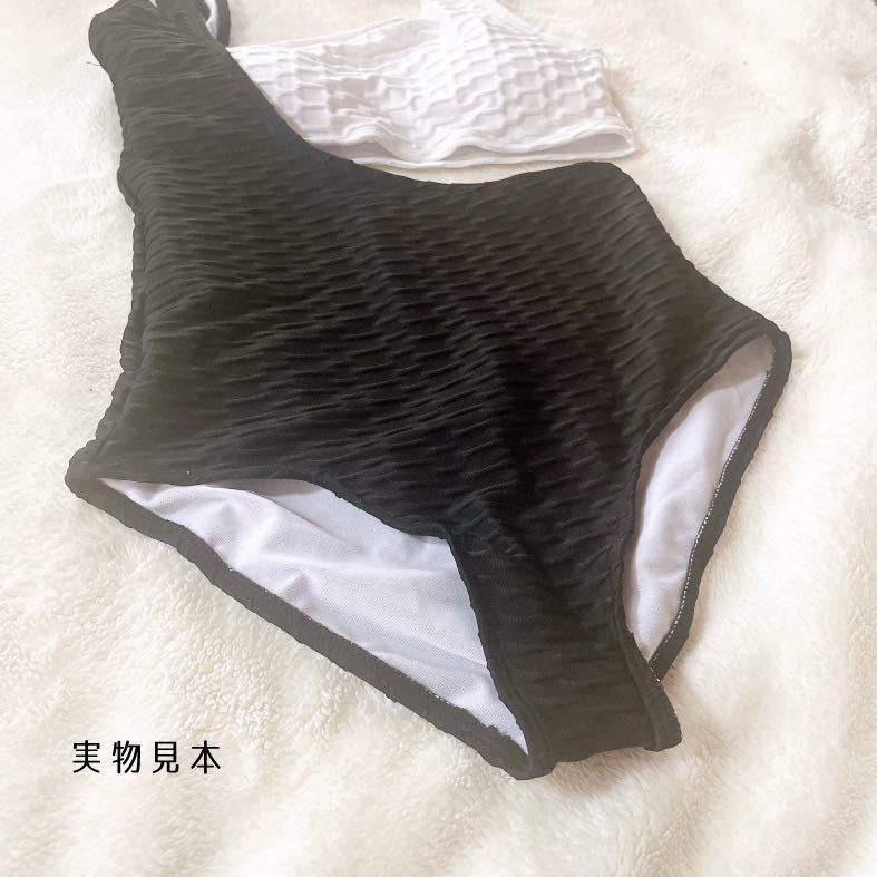 水着 レディース バイカラー 黒 白 チューブトップ モノキニ アシンメトリー リボン M 大人かわいい 体型カバー 夏 韓国の画像9