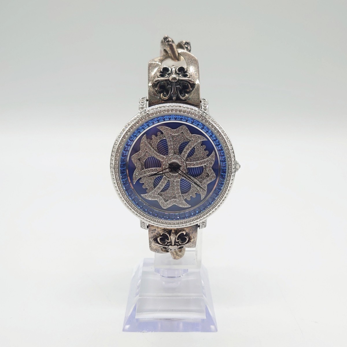 Anne Coquine アンコキーヌ クロス チェーン メンズ アナログ 腕時計 ブレスレット ブルー シルバー クリスタル ストーン 回転 tp-23x488