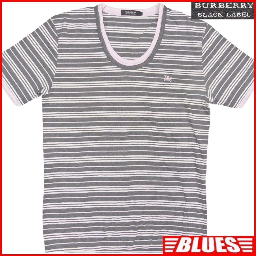 即決★BURBERRY BLACK LABEL★メンズM 廃版 Tシャツ バーバリーブラックレーベル 2 ボーダー 三陽商会正規 カットソー 半袖 Uネック