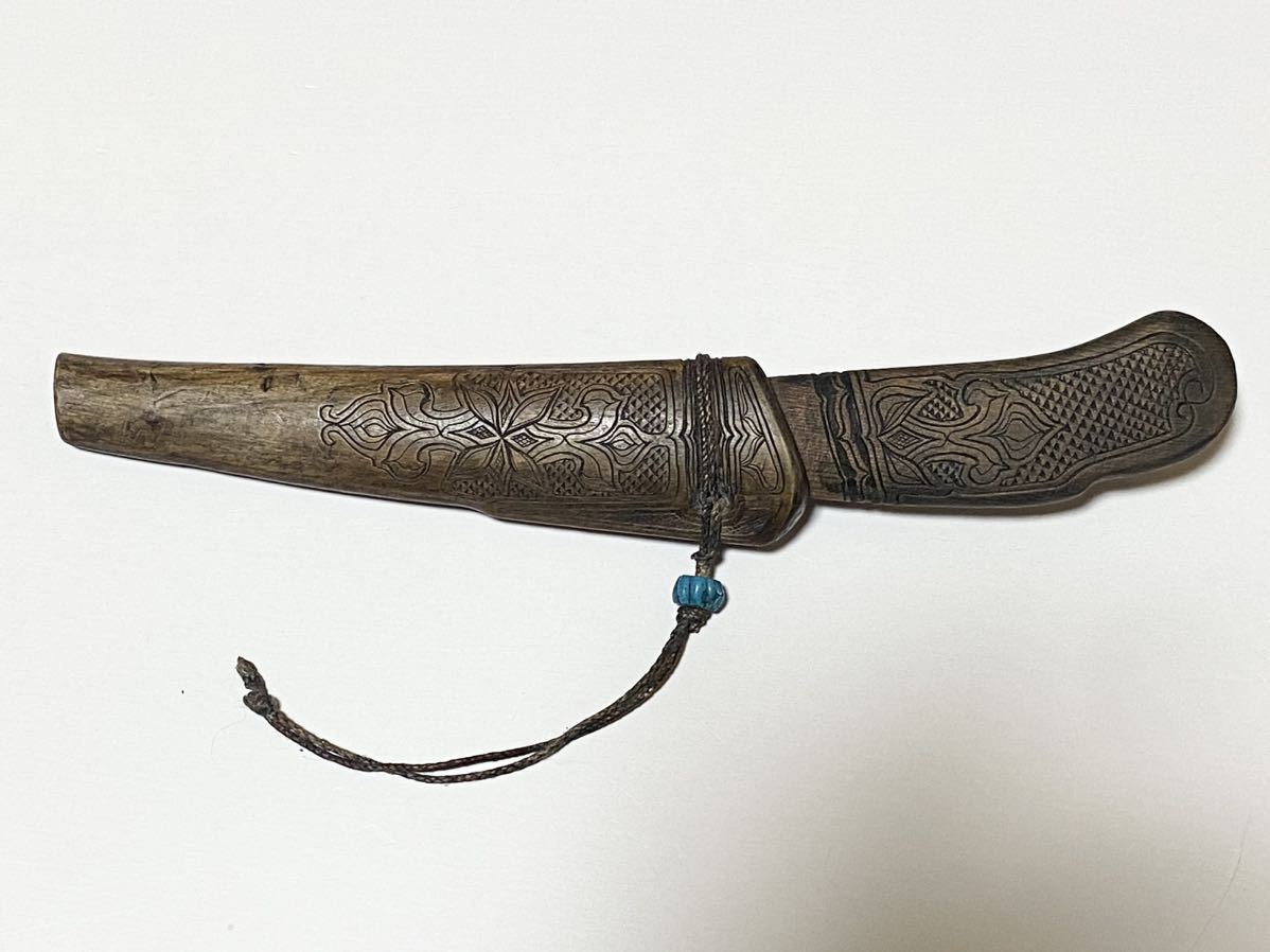 アイヌ民族　マキリ　木彫　蝦夷拵　細密彫刻　民族美術　狩猟刀　時代　ナイフ　コレクター収蔵品　b4