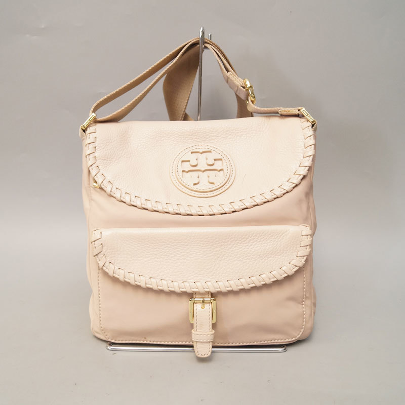 yj19-TORY BURCH トリーバーチ バッグ ベージュ系 レザー 2way ショルダー 斜め掛け