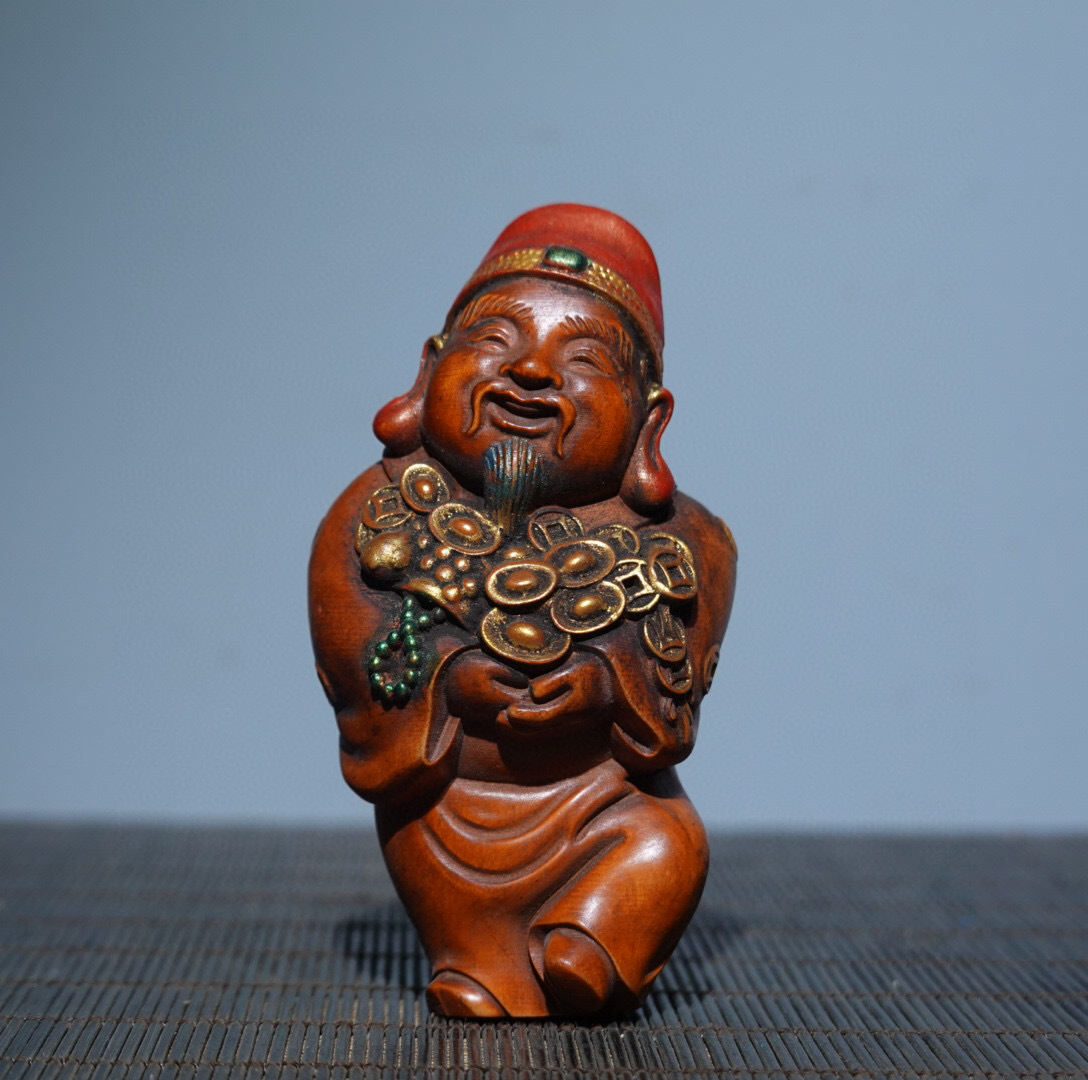 蔵友館蔵品・黄楊木製・細密彫・描金・彩繪・財神】・希少珍品・置物