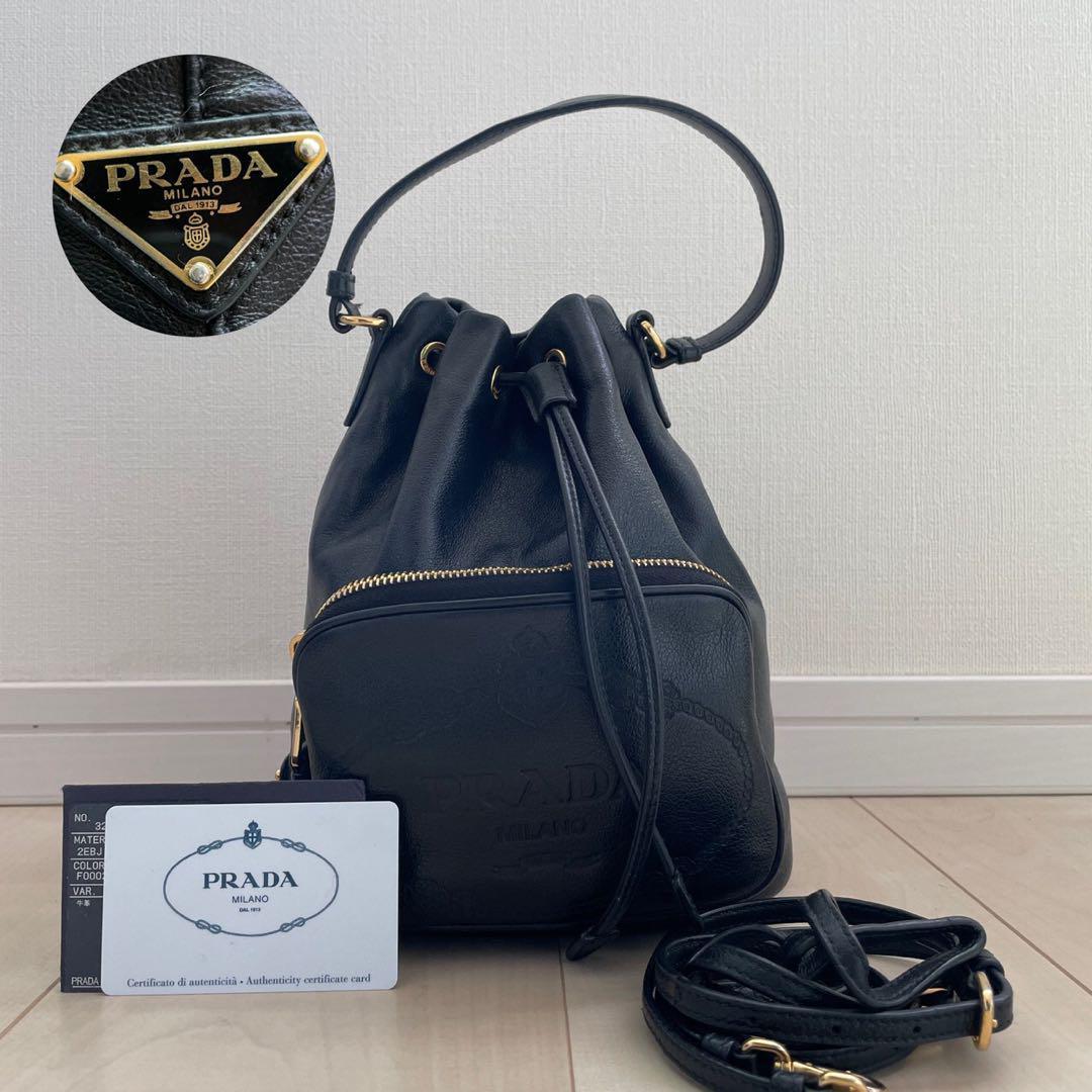 美品】プラダ 1BH038 デュエット 2way 巾着 黒 レザー 付属品付き