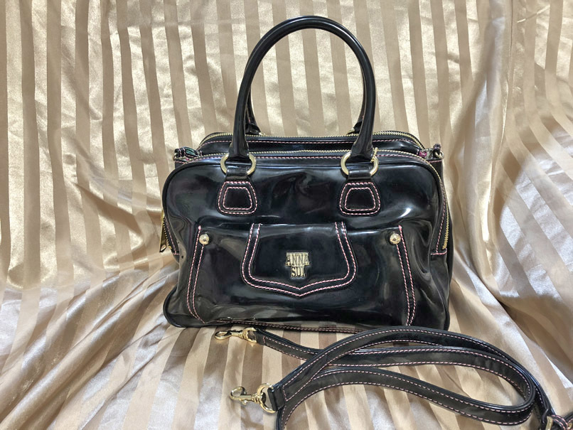 ANNA SUI アナスイ ショルダーバッグ パープル パテント 2way ビニールバッグ ハンドバッグ エナメルバッグ さくらんぼ チェリー 黒_画像1