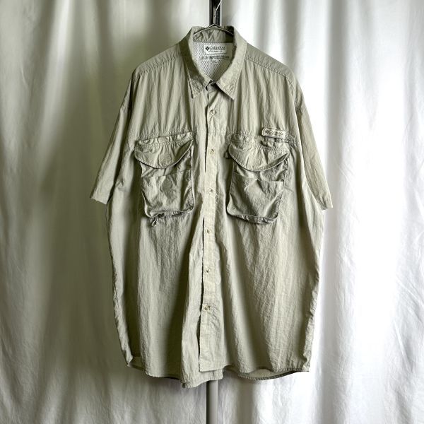 90s Columbia PFG フィッシング ナイロン シャツ XL カーキ グレー ビッグサイズ ギア ベルクロ サファリ コロンビア 80s 00s ビンテージ_画像1