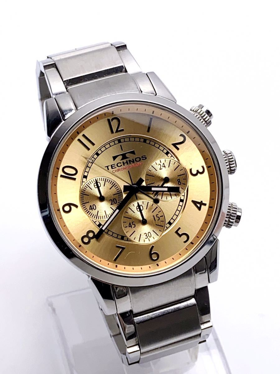 T533 beautiful goods TECHNOS Tecnos chronograph wristwatch Gold face quarts rare 