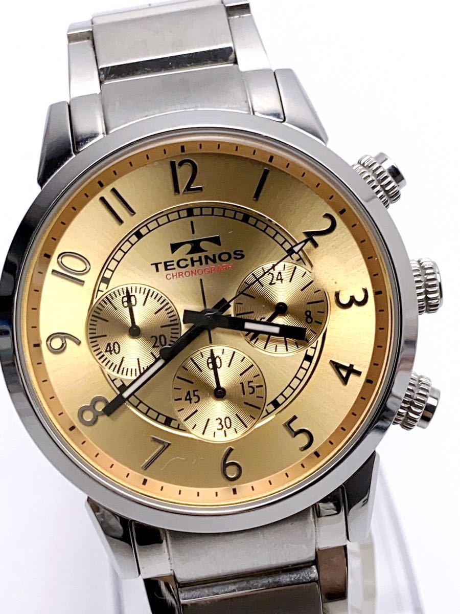 T533 beautiful goods TECHNOS Tecnos chronograph wristwatch Gold face quarts rare 