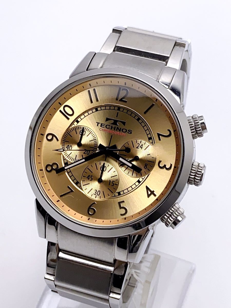 T533 beautiful goods TECHNOS Tecnos chronograph wristwatch Gold face quarts rare 