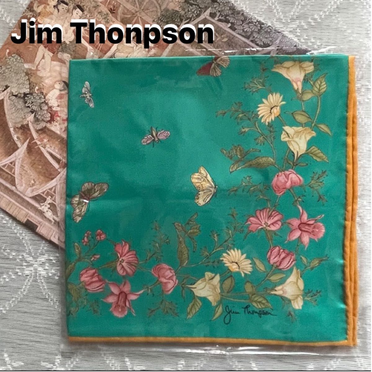 【新品未使用】Jim Thompson ジムトンプソン シルクスカーフ(花&蝶柄・ターコイズ)