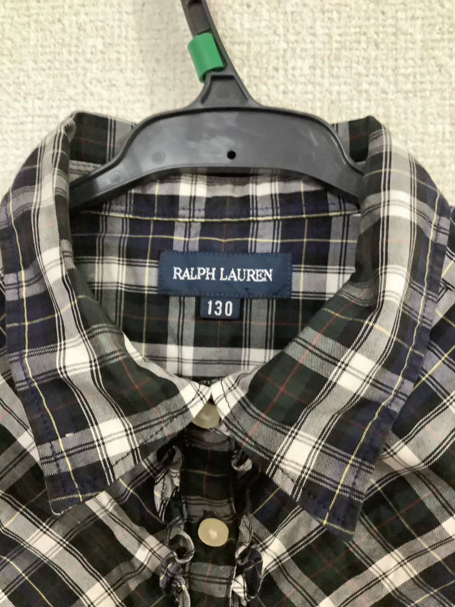 RALPHLAUREN ラルフローレン　フリル付き長袖シャツ　チェック柄　子供服　コットン　ガールズ　古着_画像3