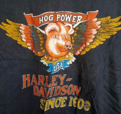 70s80sビンテージ Harley Dvidson ハーレーダビッドソン HOG POWER 豚 ブタ ウイング Tシャツ M