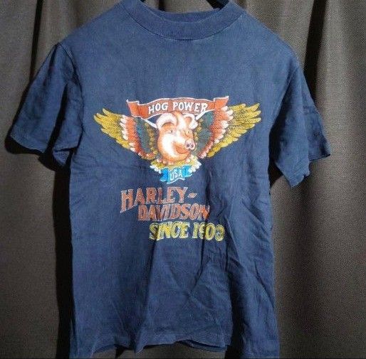 70s80sビンテージ Harley Dvidson ハーレーダビッドソン HOG POWER 豚 ブタ ウイング Tシャツ M
