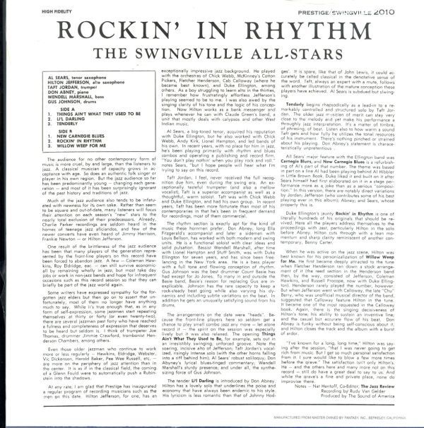 シールド未開封！USプレスLP！The Swingville All-Stars / Rockin' In Rhythm【Prestige Swingville / SV-2010】Al Sears , Taft Jordan_画像2