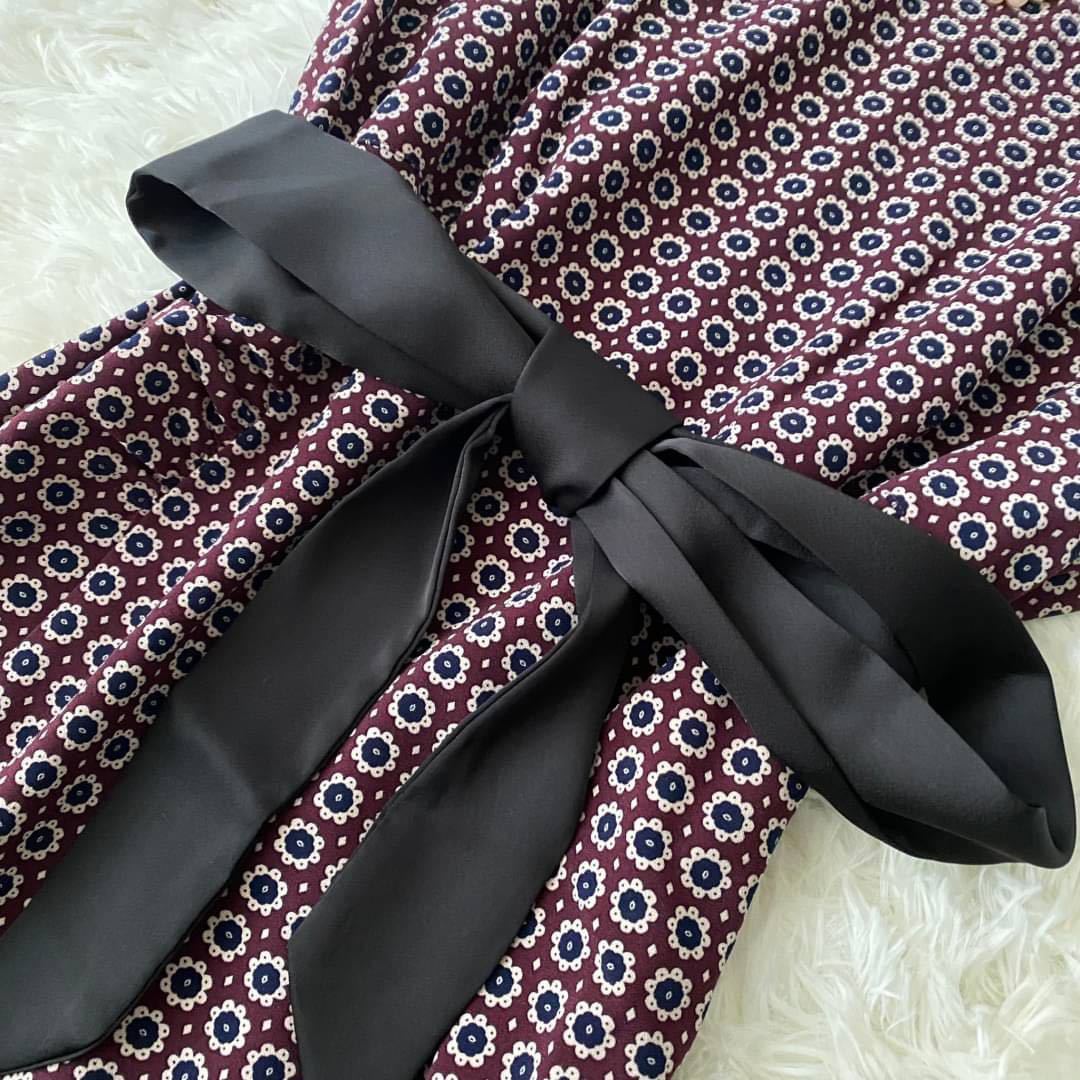 極美品 マックスマーラ 小花柄 リボン ギャザー Aライン ワンピース 手洗い可 Weekend Max Mara フラワー フレンチスリーブ ウォッシャブル