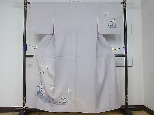 平和屋着物□訪問着単衣流水飛鶴籬花文暈し染め銀彩逸品gh2896