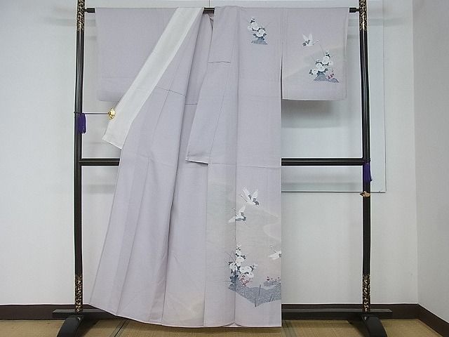 平和屋着物□訪問着単衣流水飛鶴籬花文暈し染め銀彩逸品gh2896