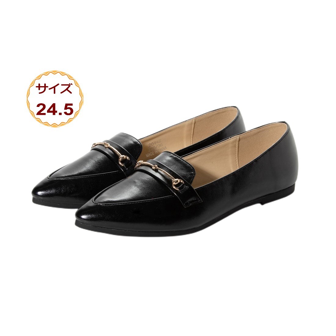 24.5cm ブラック スムース レディース フラット パンプス Angel fit ポインテッド ・ トゥ バレエシューズ 20442-blk-smo-245_画像1